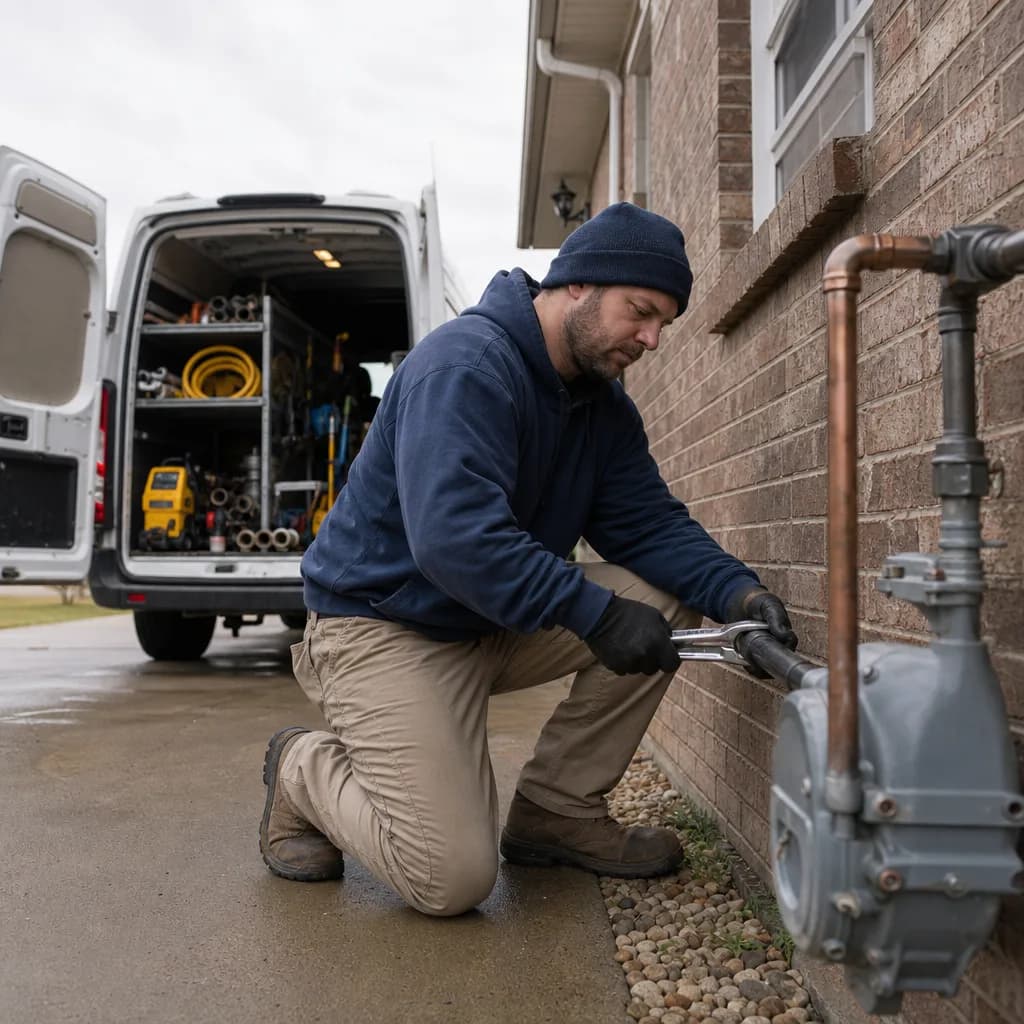 Technician installing gas line fitting outside Evansville home with service van