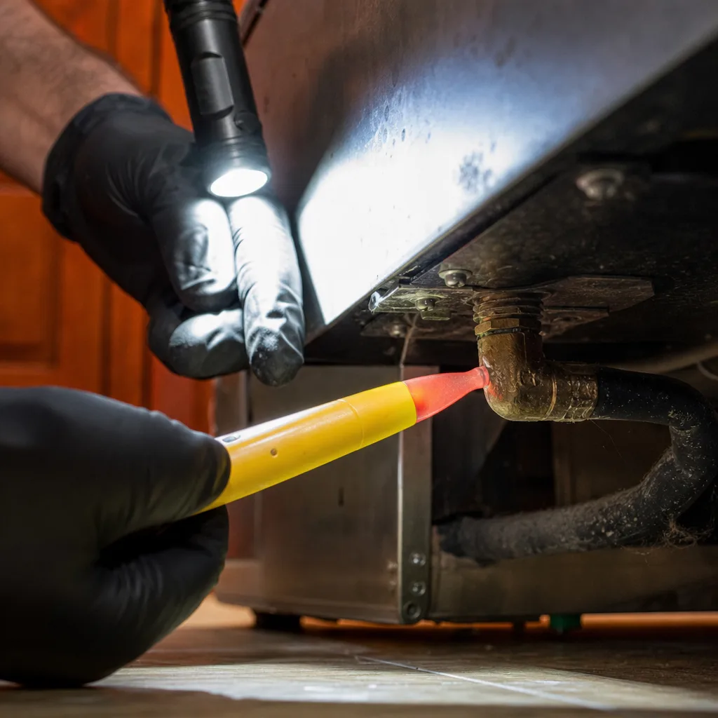 Gas detector wand checking corroded valve fitting in kitchen