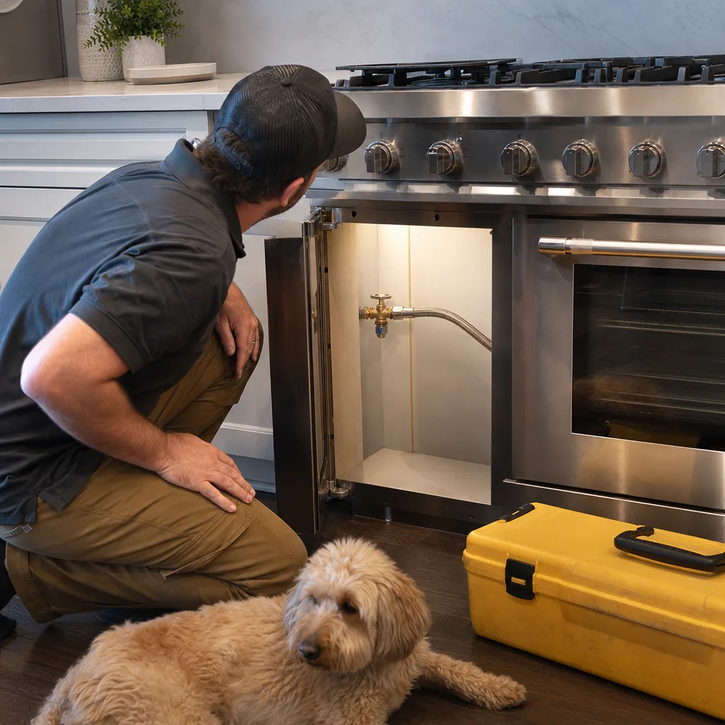 Gas valve and flexible connector under a kitchen range