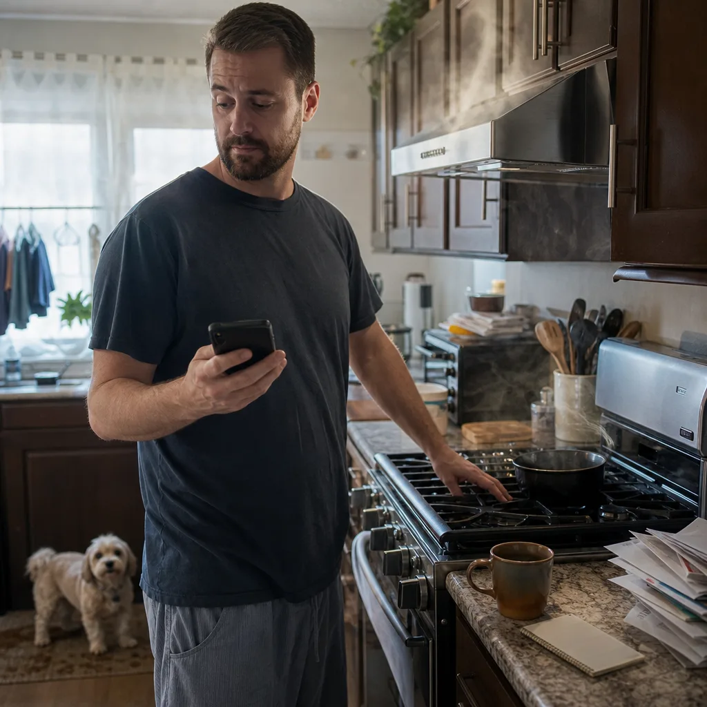 Homeowner noticing gas smell near stove in kitchen