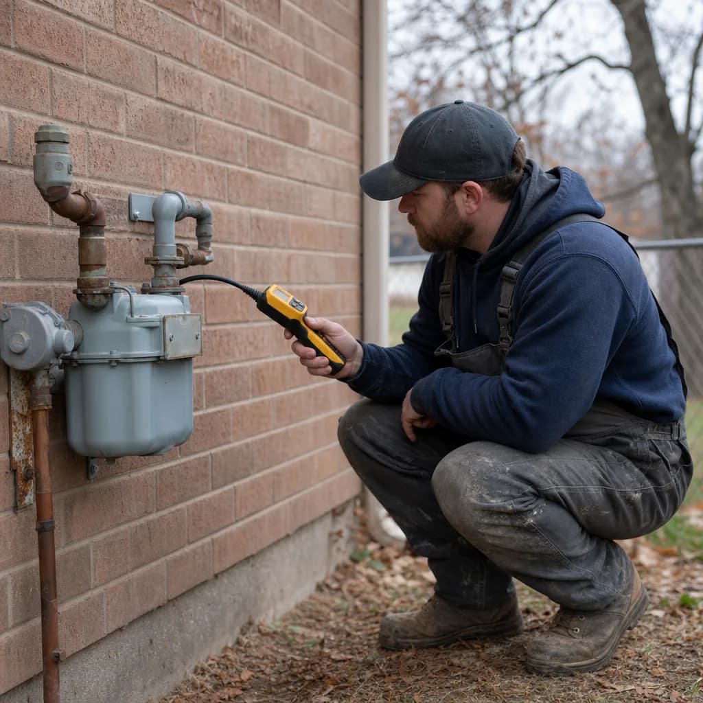Plumber using gas detector near home gas meter