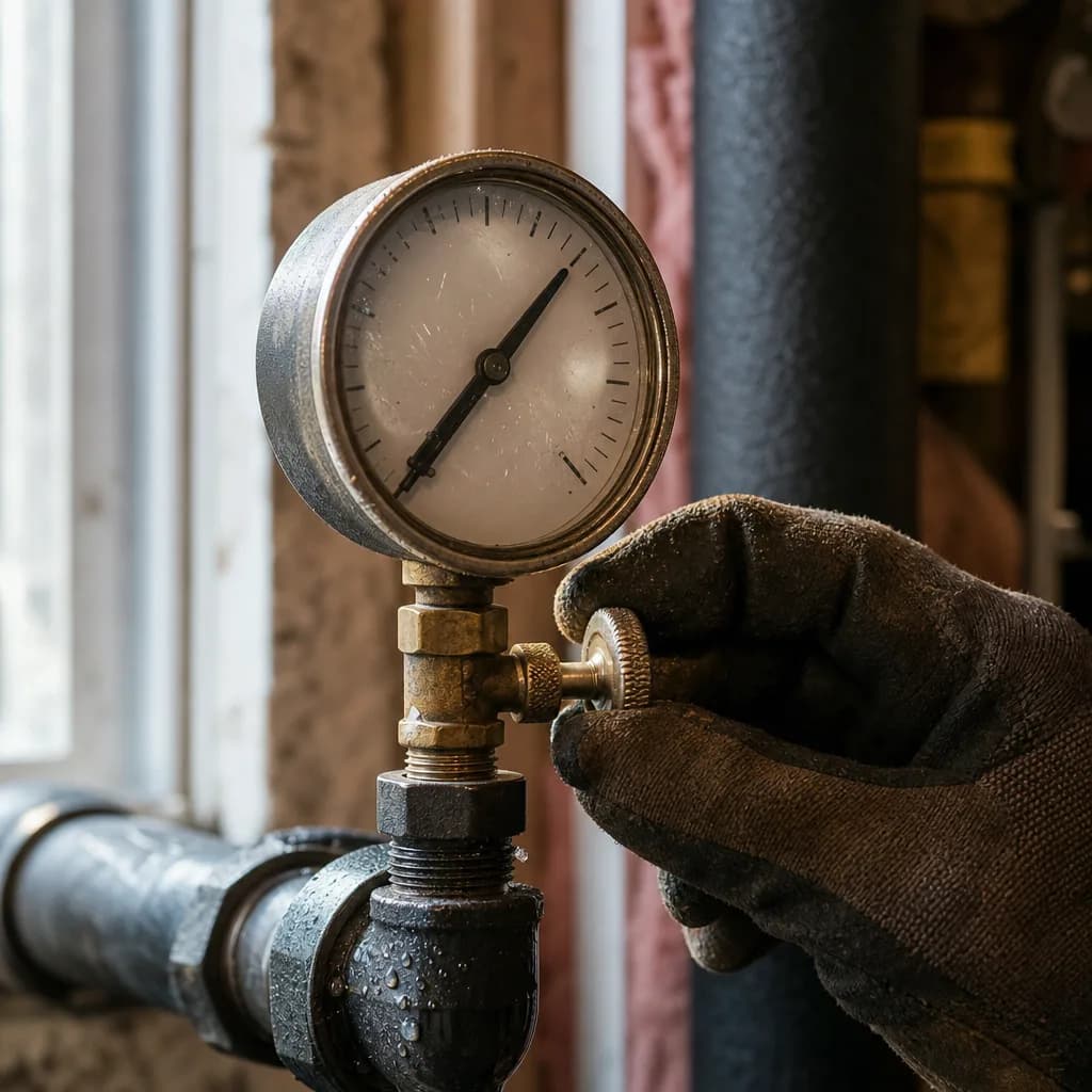 Close-up of gas pipe pressure gauge valve during pressure test