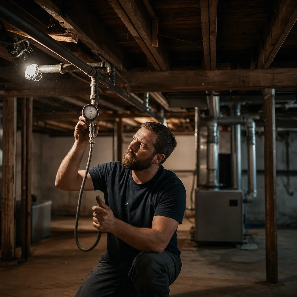 Plumber checks gas pipe pressure gauge on basement line in home