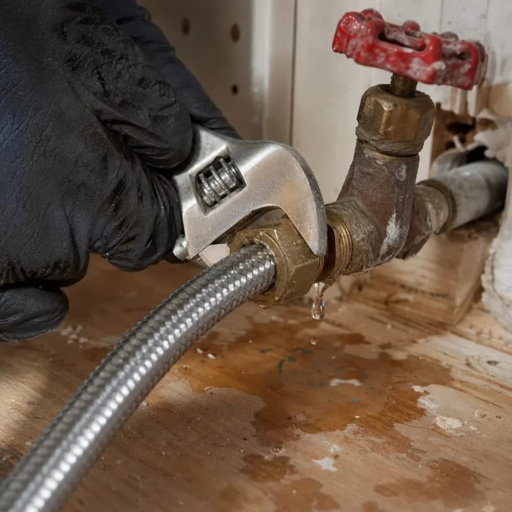 Close-up of wrench tightening compression fitting on ice maker line
