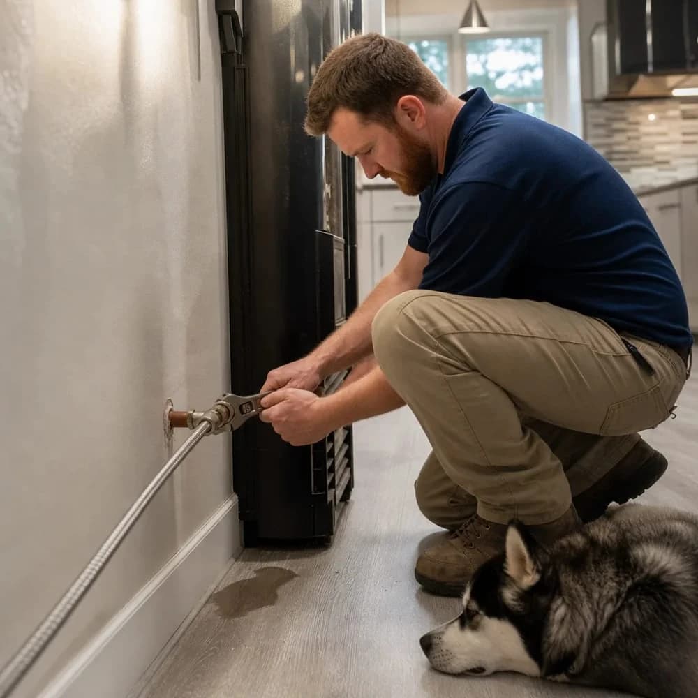 Plumber repairing ice maker line valve behind refrigerator in home