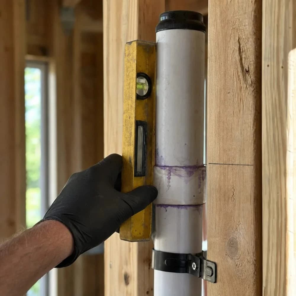 Close-up of PVC drain vent pipe rough-in installation in home