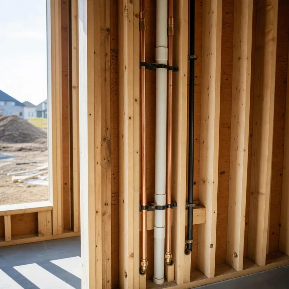 Copper, white plastic, and black pipes running up through open wall framing in a new build