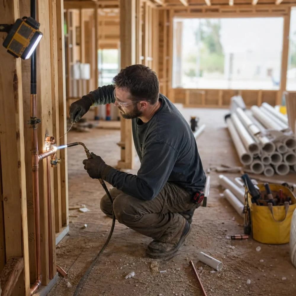 Plumber soldering copper rough-in pipe in framed new home
