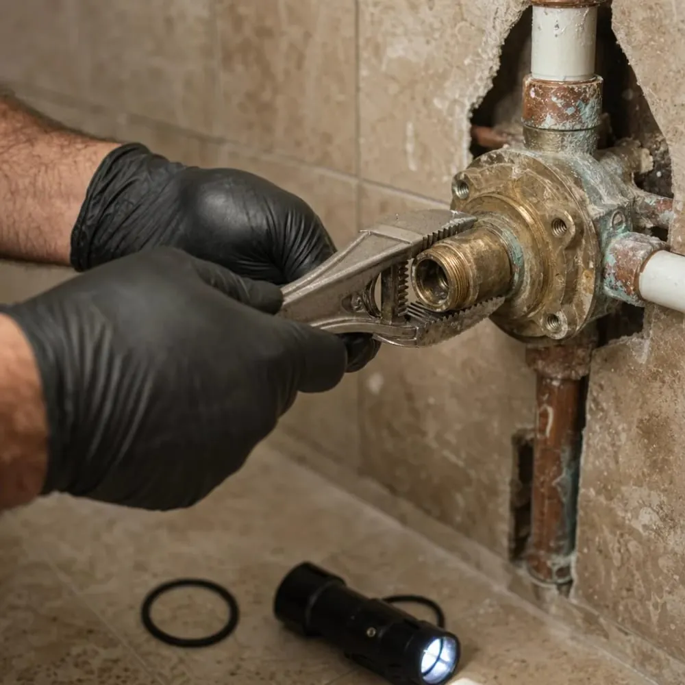 Close-up of plumber replacing corroded shower valve fixture in bathroom