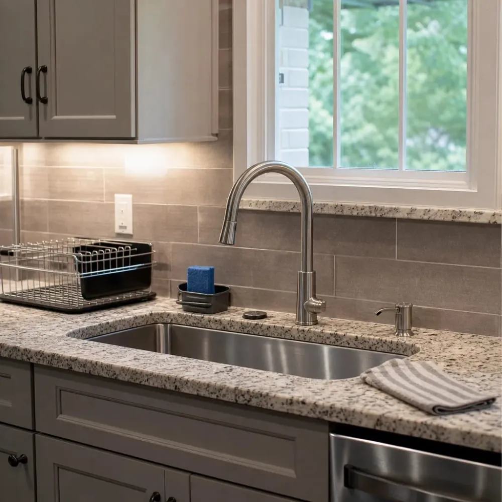 Kitchen sink and faucet with supply lines underneath
