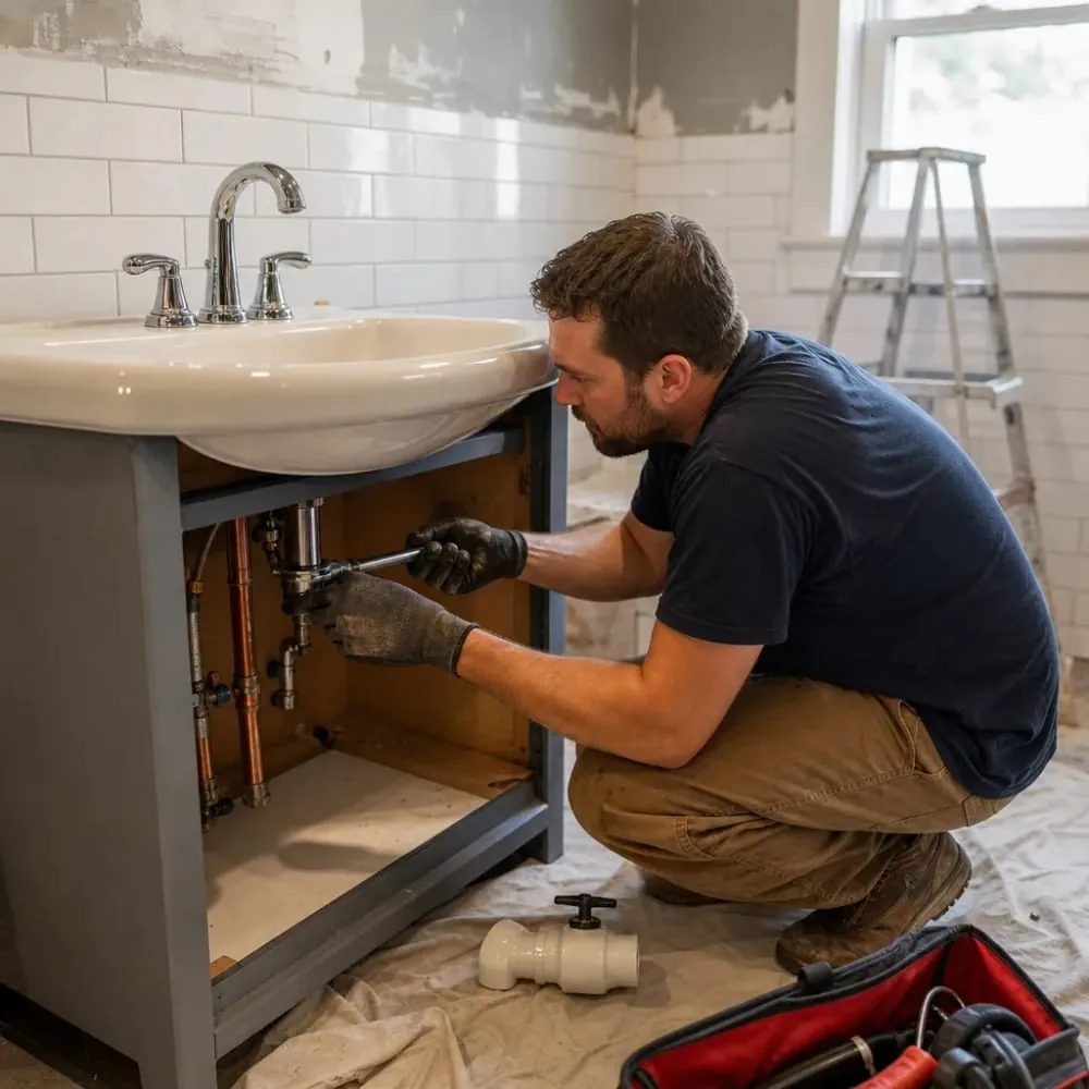 Plumber installing bathroom sink faucet during fixture installation in home