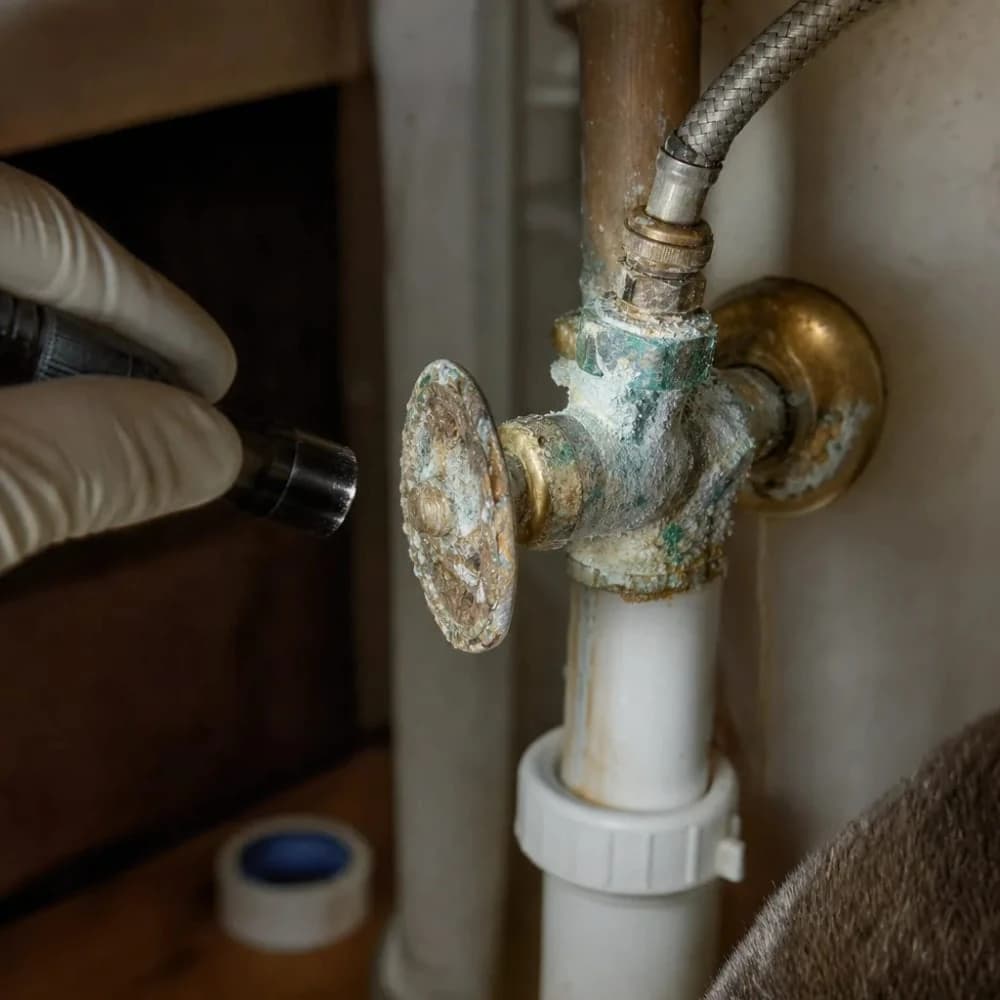 Corroded shut-off valve inspected during plumbing inspection