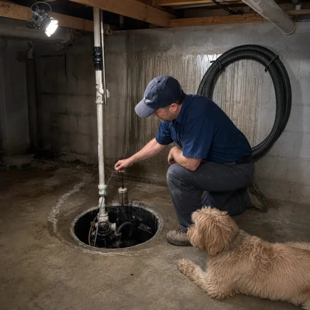 Plumber testing sump pump float switch in basement inspection