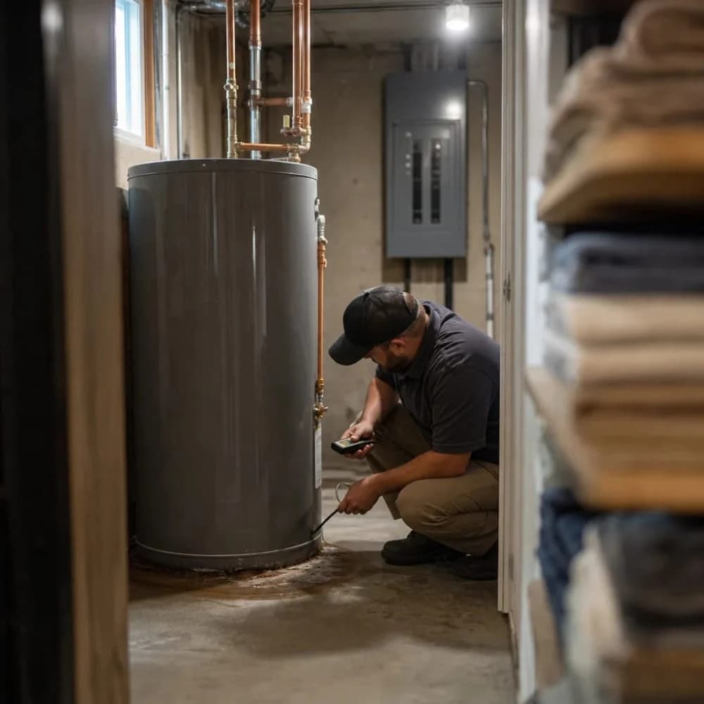 Plumber inspecting water heater tank seam during plumbing inspection