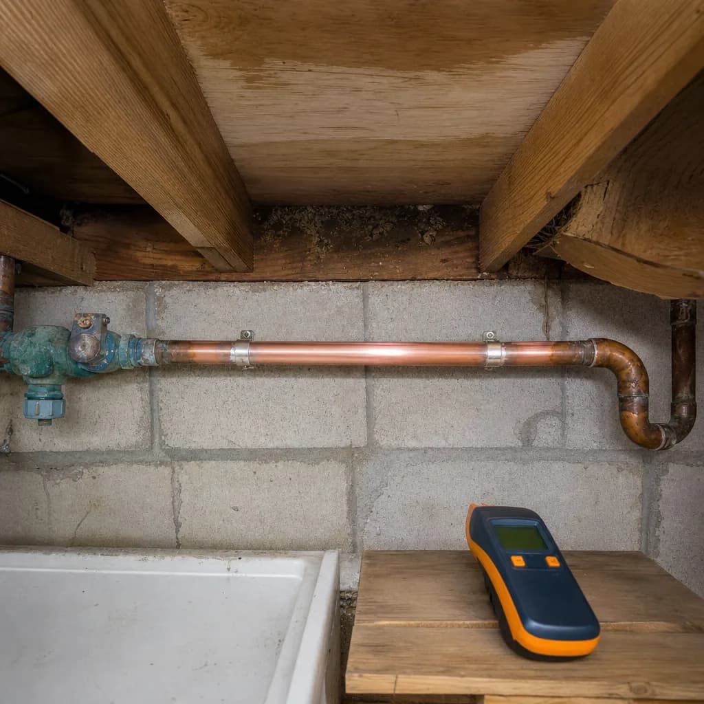 Copper pipe joint in a basement