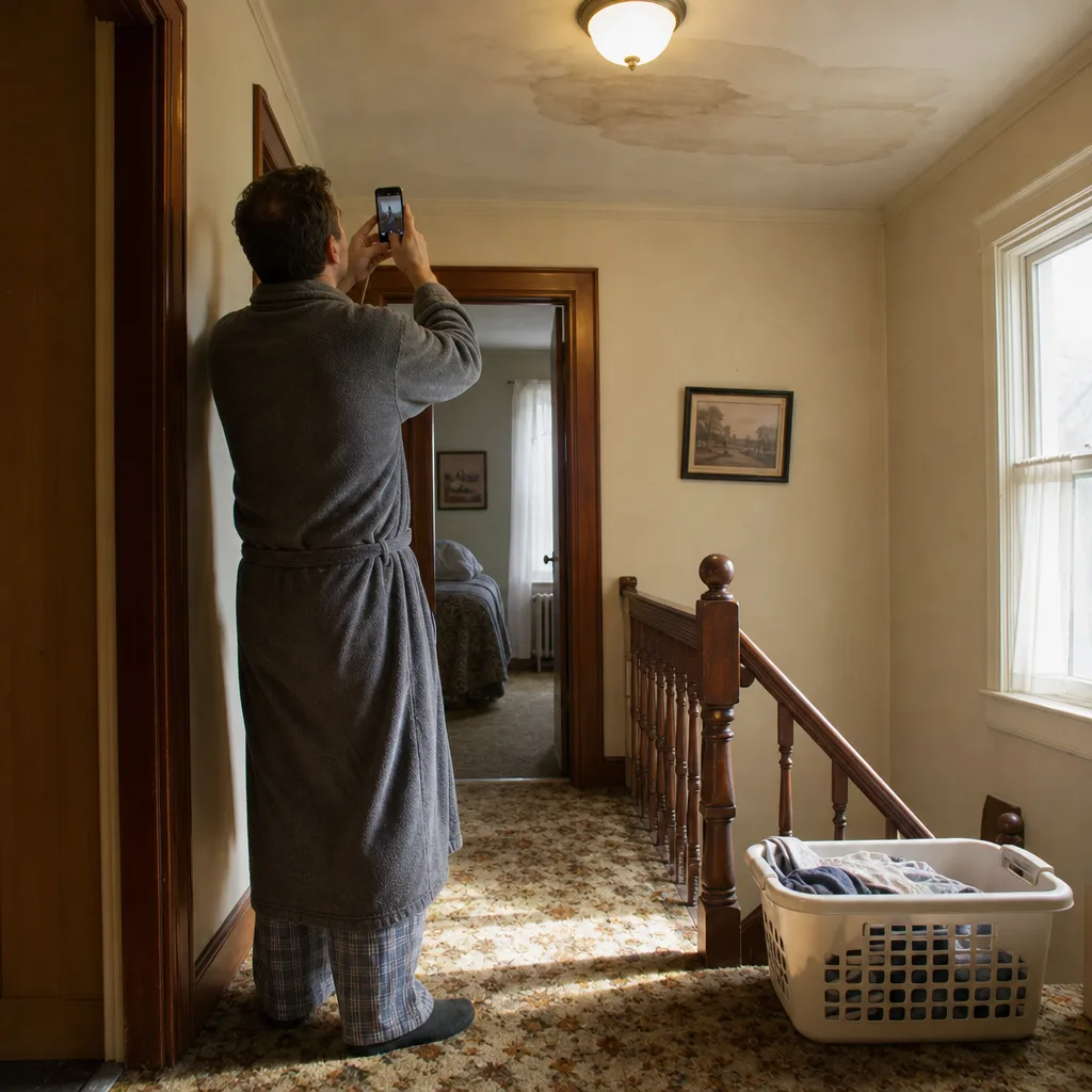 Homeowner noticing ceiling water stain indicating hidden leak in home