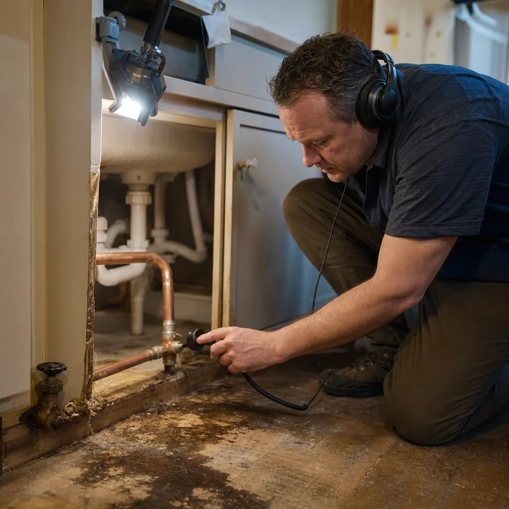 Plumber using leak detection equipment on copper pipe in home