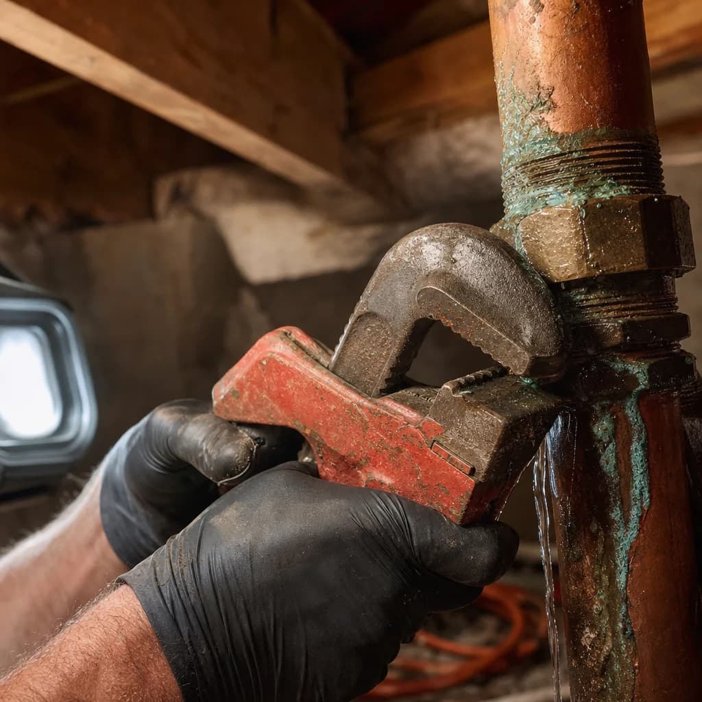Close-up of corroded pipe fitting being repaired in crawlspace