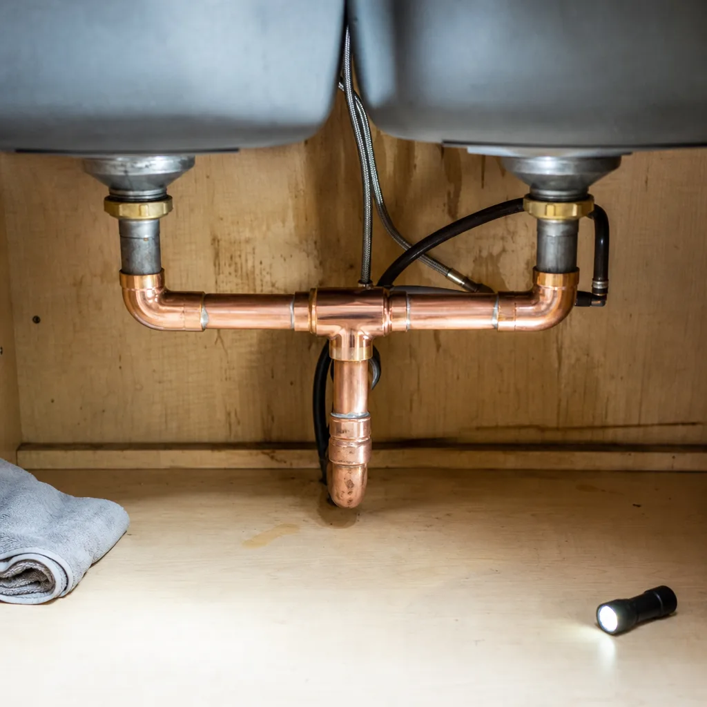 Copper pipe and a shutoff valve under a sink