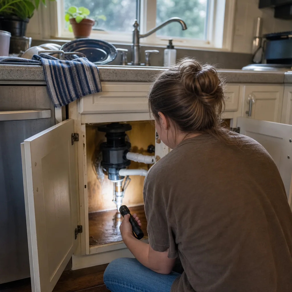 Homeowner inspecting water stain under sink