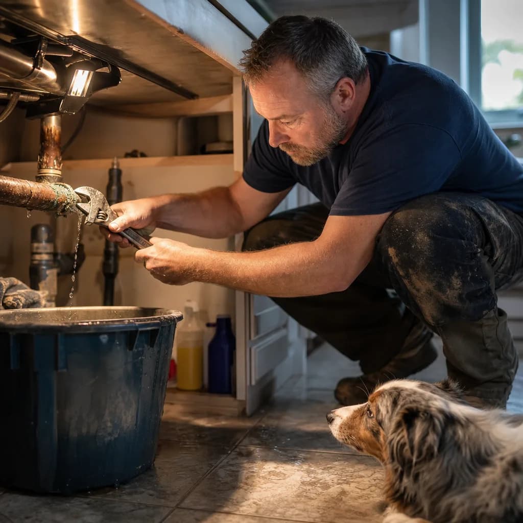 Plumber repairing corroded leaking pipe under kitchen sink in home