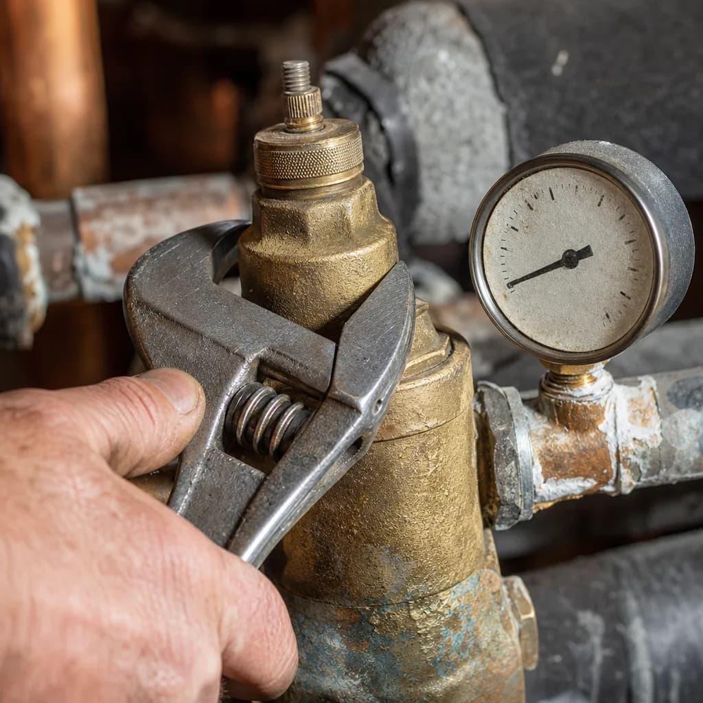 Close-up of wrench tightening pressure regulator gauge fitting in home