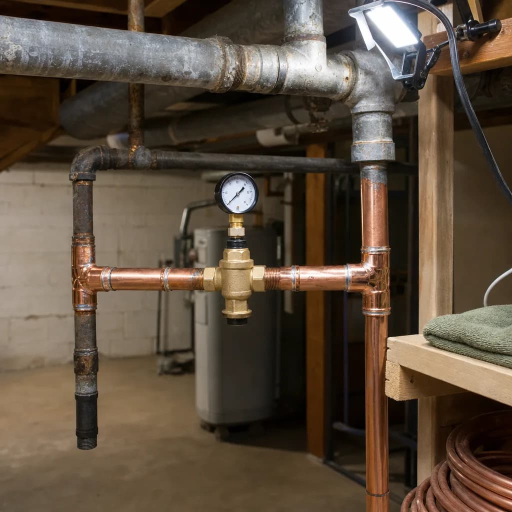 Pressure regulator installation with new copper pipe in basement