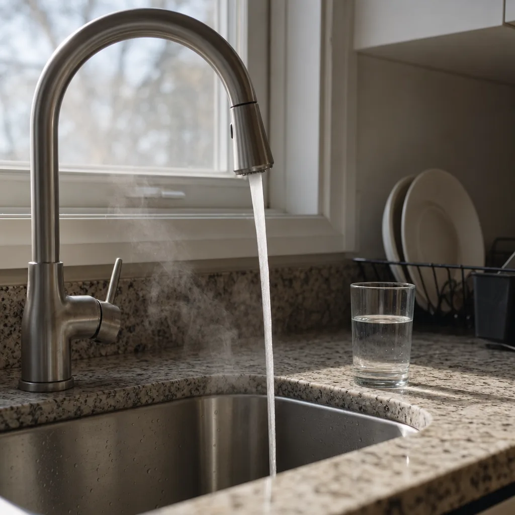 Kitchen faucet running into a sink