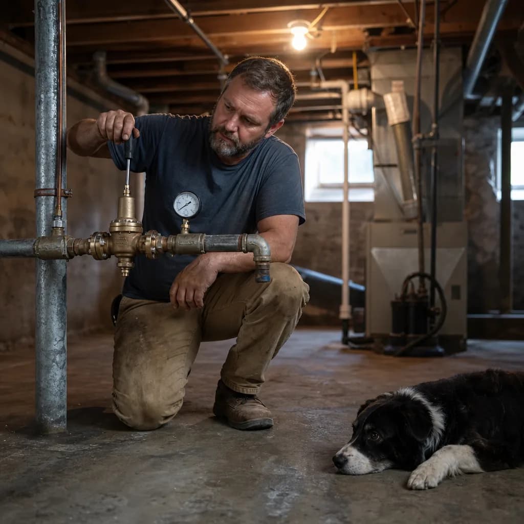 Plumber adjusting pressure regulator on home water line in basement