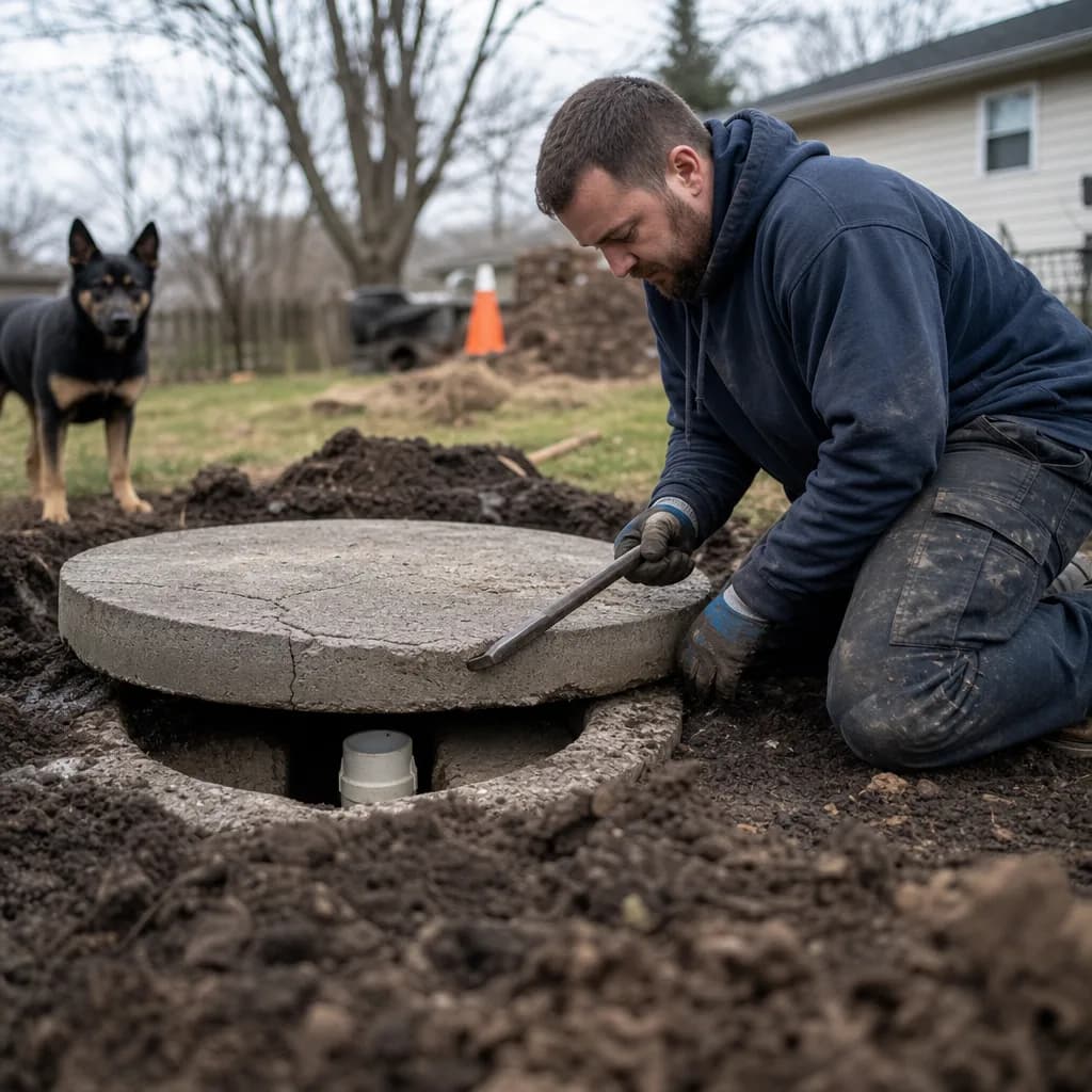 Plumber lifting cracked septic tank lid during baffle repair in Evansville