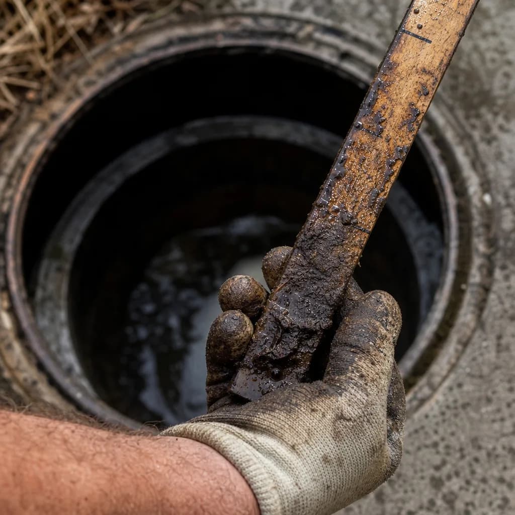Gloved hands measuring septic tank sludge depth during Evansville inspection