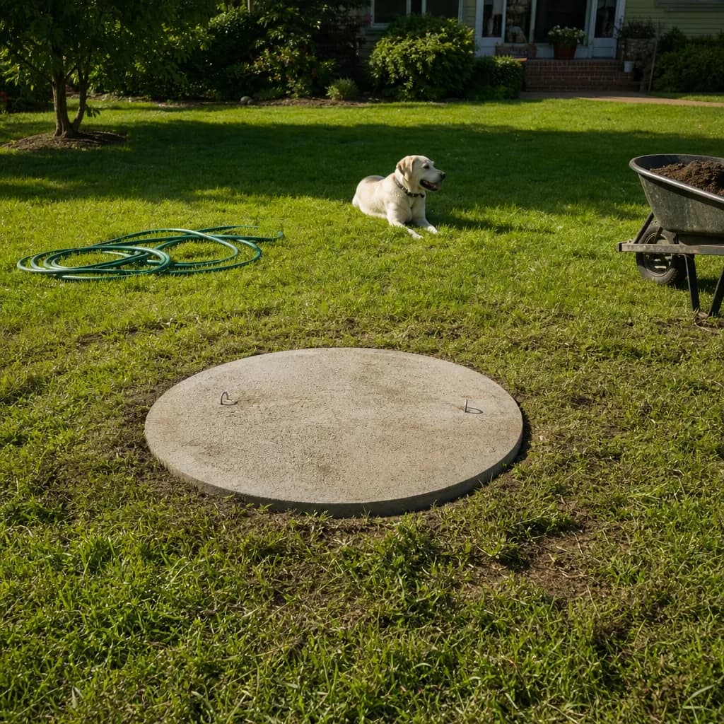 Resealed septic tank lid restored in Evansville backyard after inspection