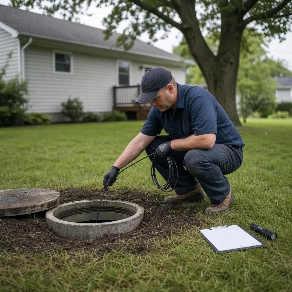 Septic inspector lowering camera into open tank riser during Evansville septic inspection