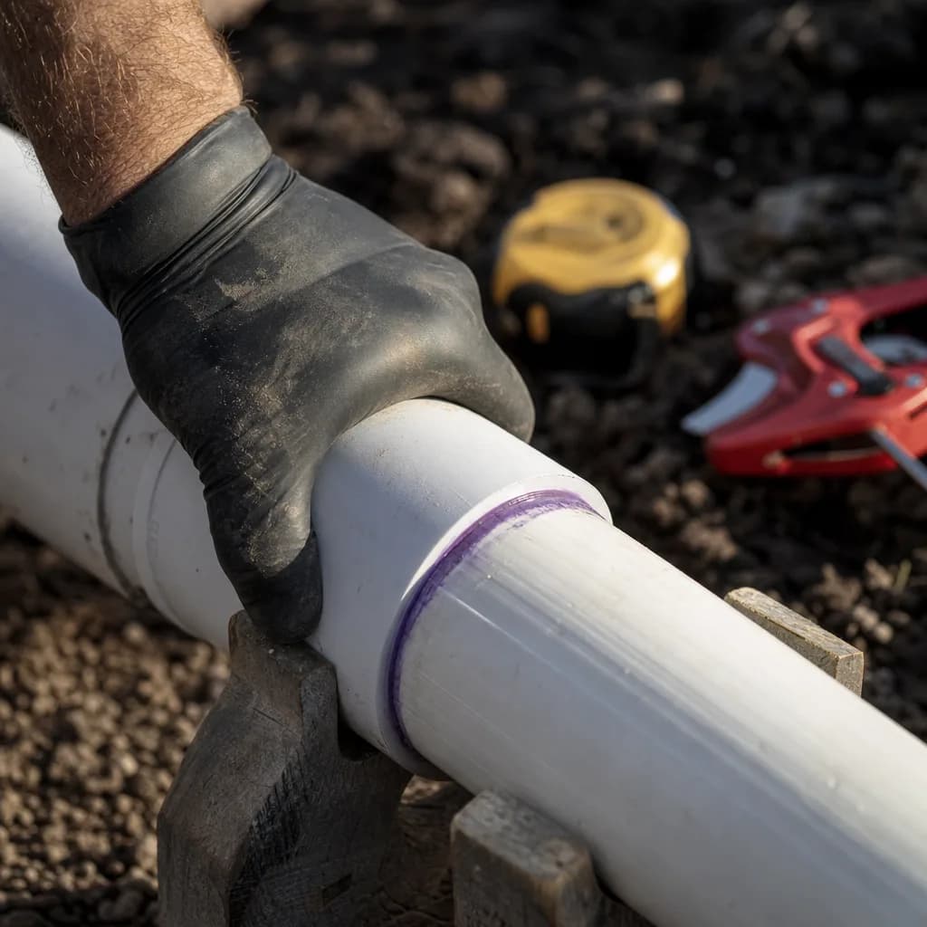 Hand solvent-welding PVC pipe joint for septic drain line in Evansville