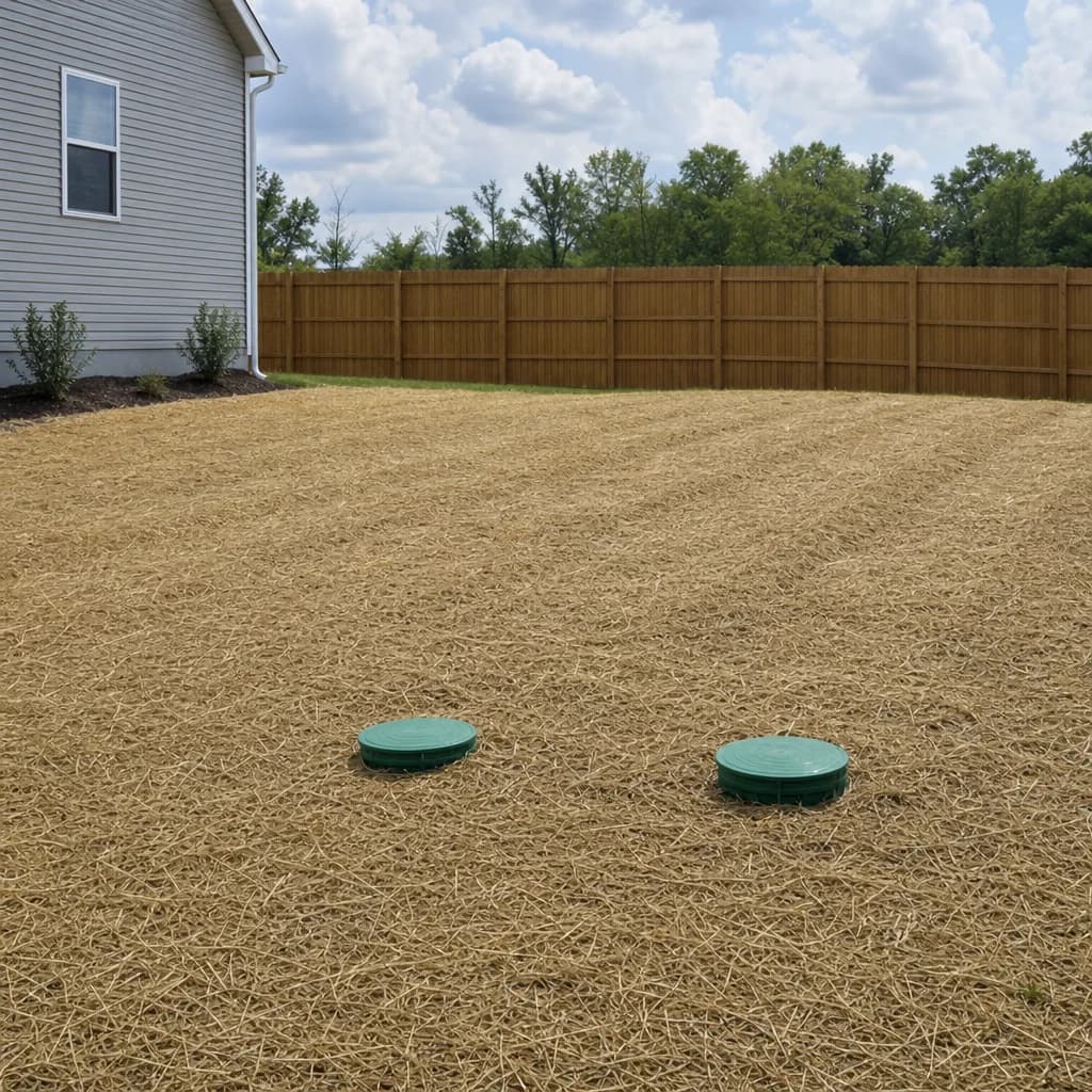 Finished septic drain field with grass seed and risers in Evansville yard