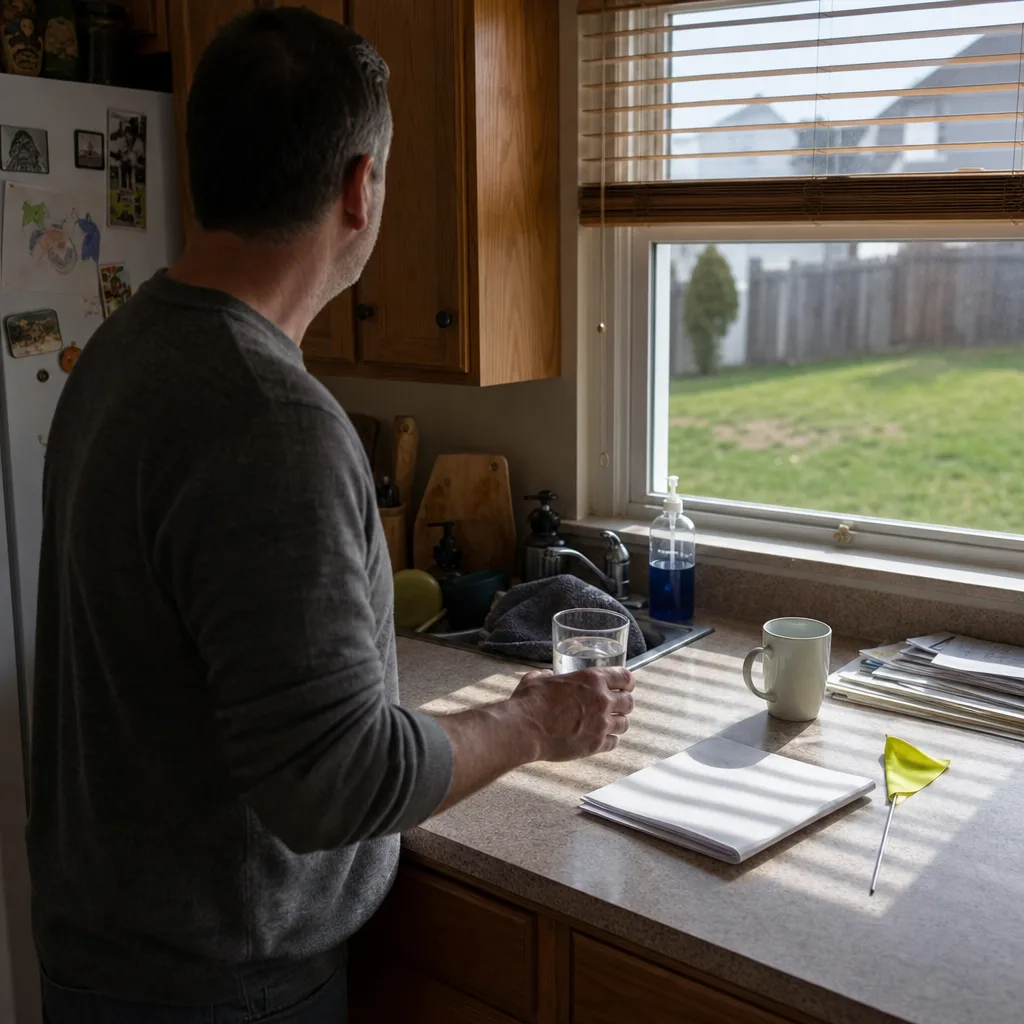 Homeowner reviewing septic permit paperwork near kitchen window in Evansville