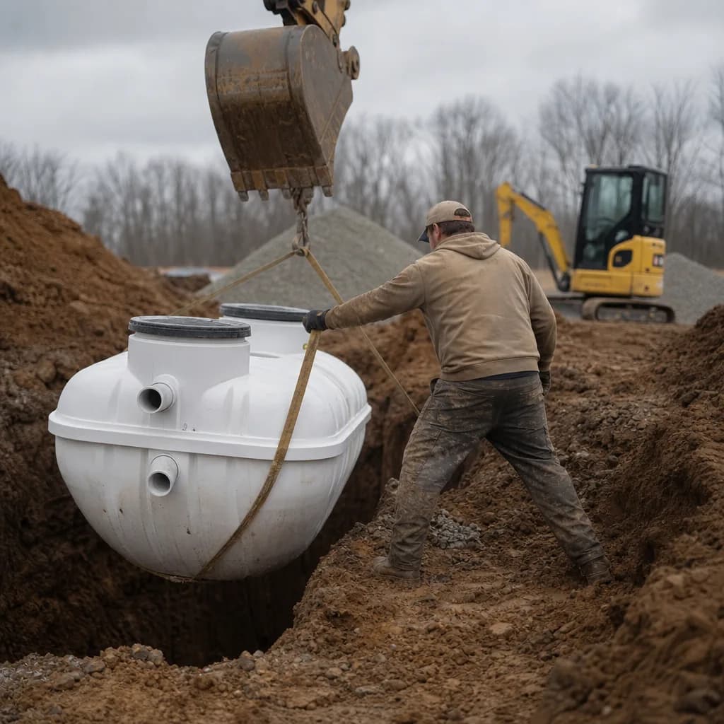 Septic tank lowered into excavated pit during installation in Evansville
