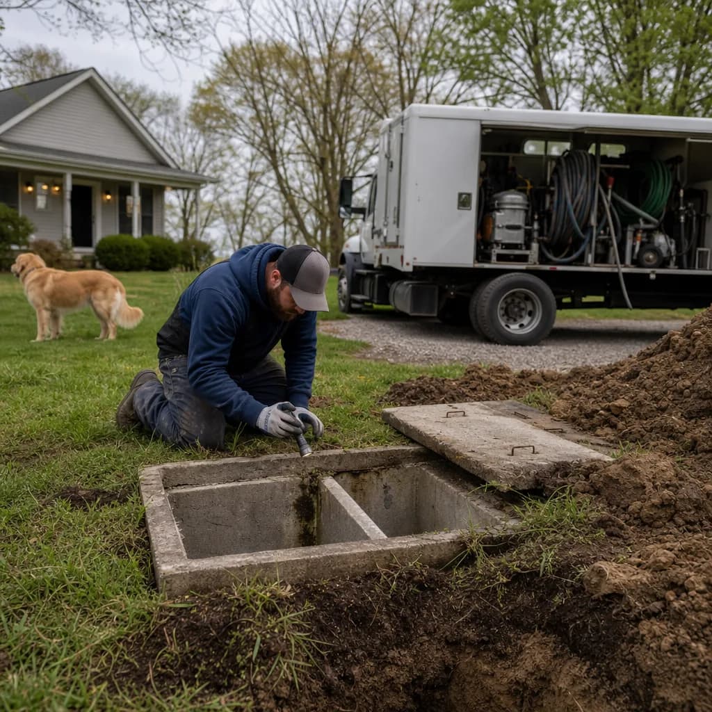 Technician inspecting open septic tank at a rural Evansville property with service truck nearby