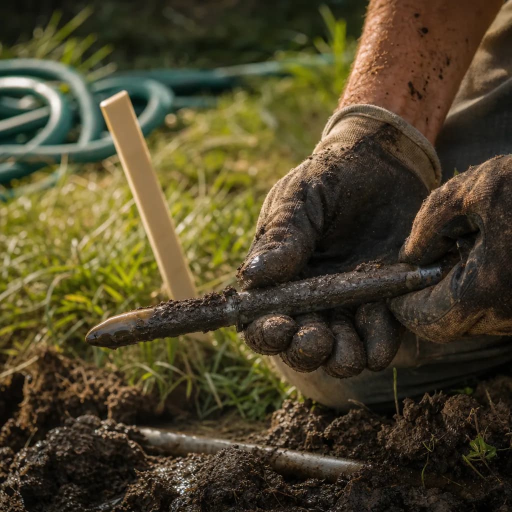Muddy soil probe rod from drain field inspection in Evansville yard