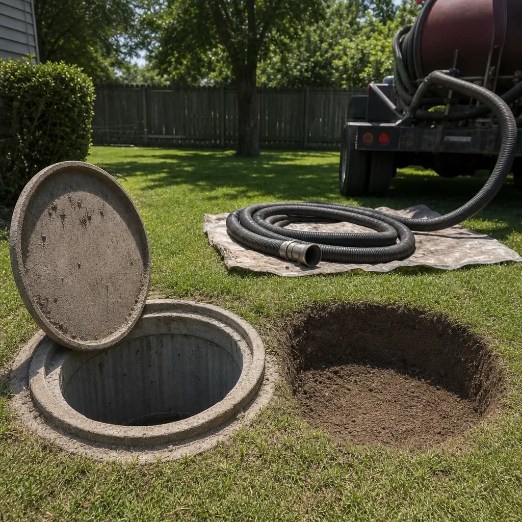 Empty pumped septic tank after service in Evansville backyard
