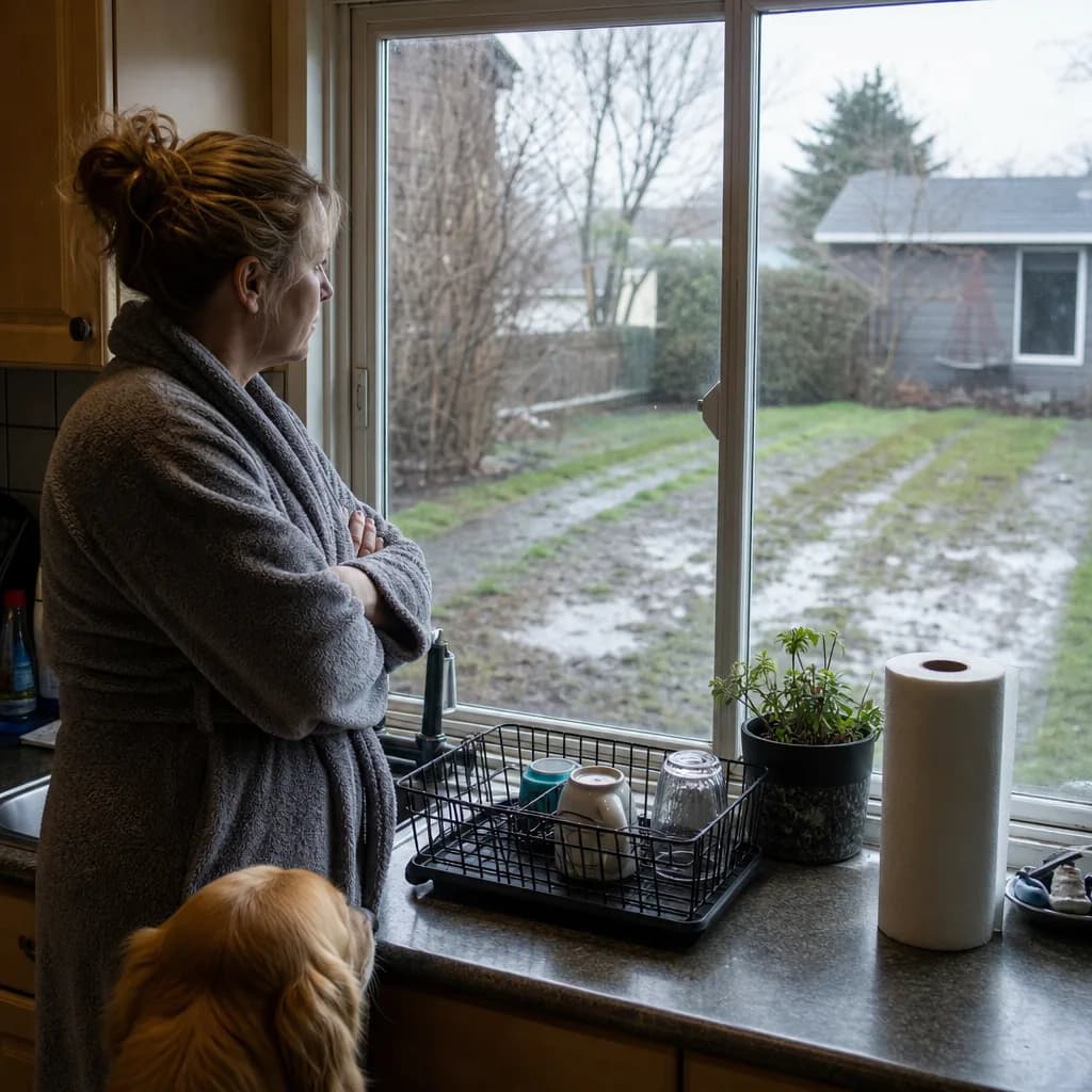 Homeowner noticing soggy yard patch from kitchen window in Evansville