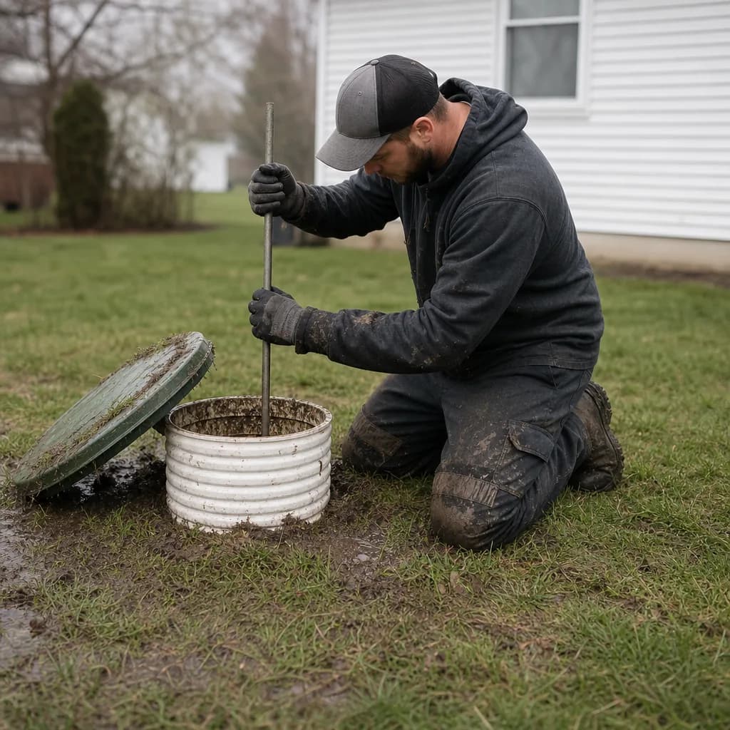Technician inspecting septic tank riser pipe in Evansville backyard lawn