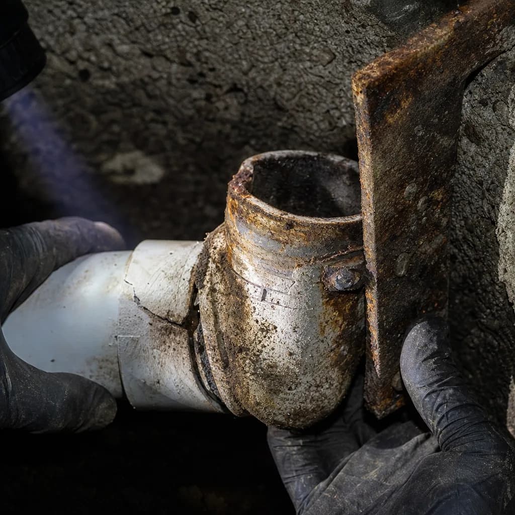 Close-up of cracked septic tank baffle and pipe needing repair in Evansville