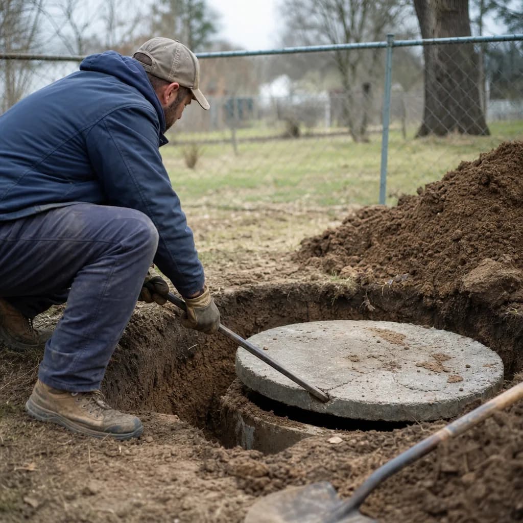 Plumber prying open cracked septic tank lid during repair in Evansville yard