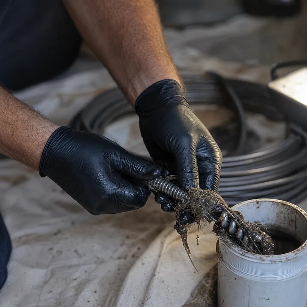 Close-up of root blockage removed during sewer cleaning in Evansville