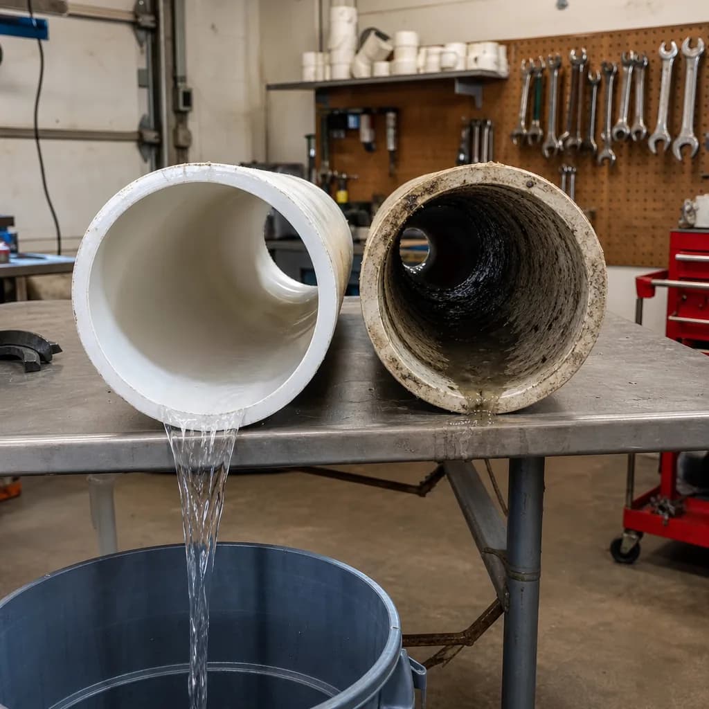 Clear PVC pipe after sewer cleaning service compared to blocked section