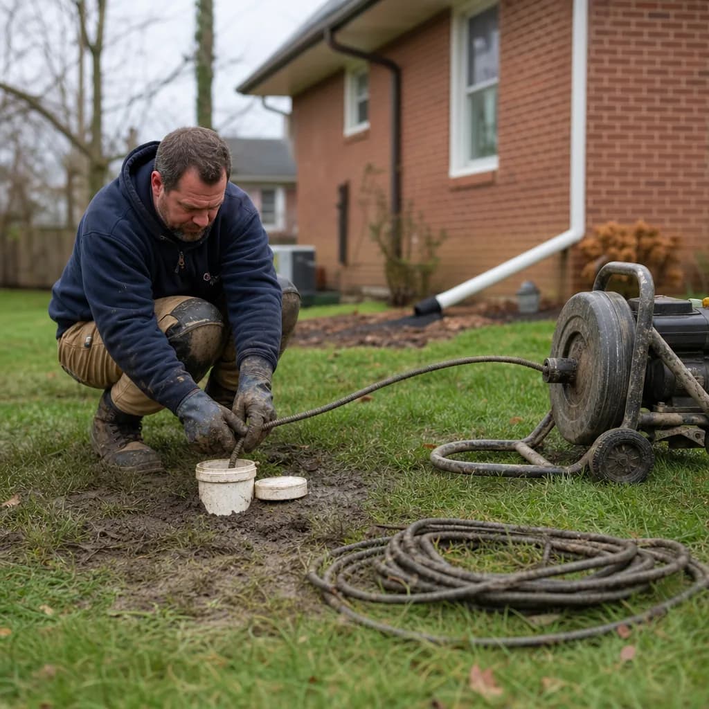 Plumber feeding sewer cable into cleanout for sewer cleaning in Evansville