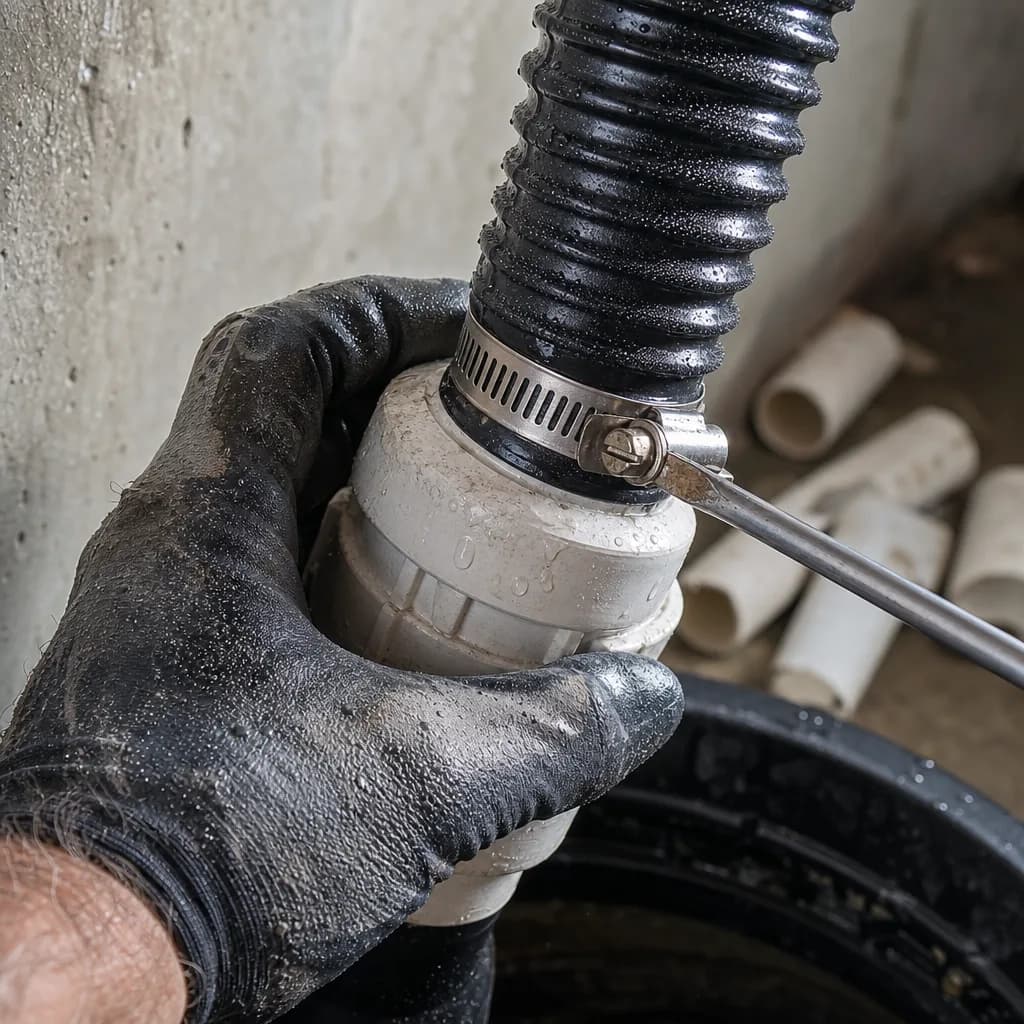 Close-up of check valve installation on sump pump discharge pipe