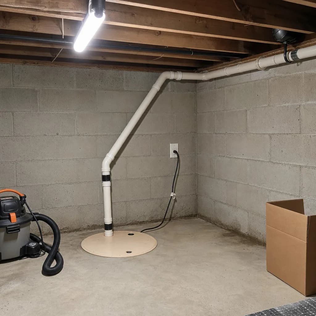 Sump pump with a sealed pit lid in a basement