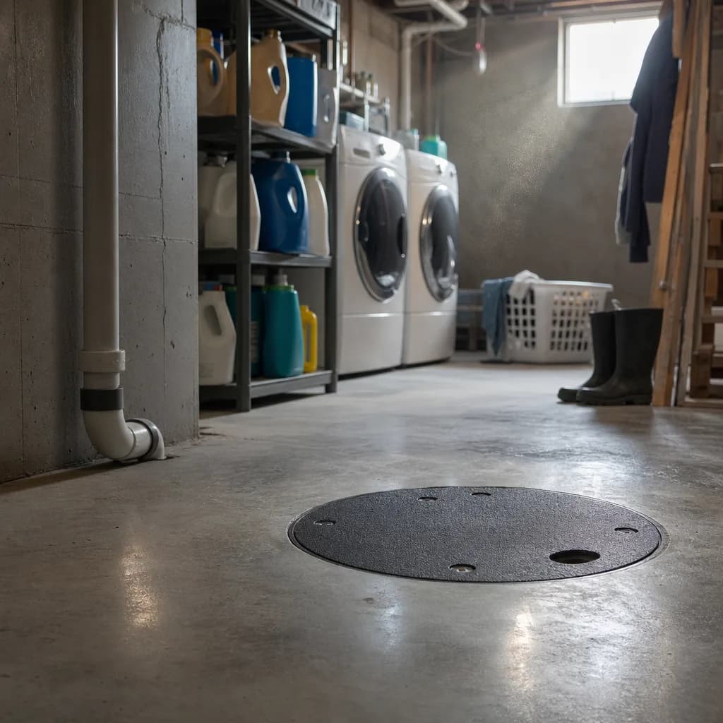 Basement laundry room with working sump pump system in home